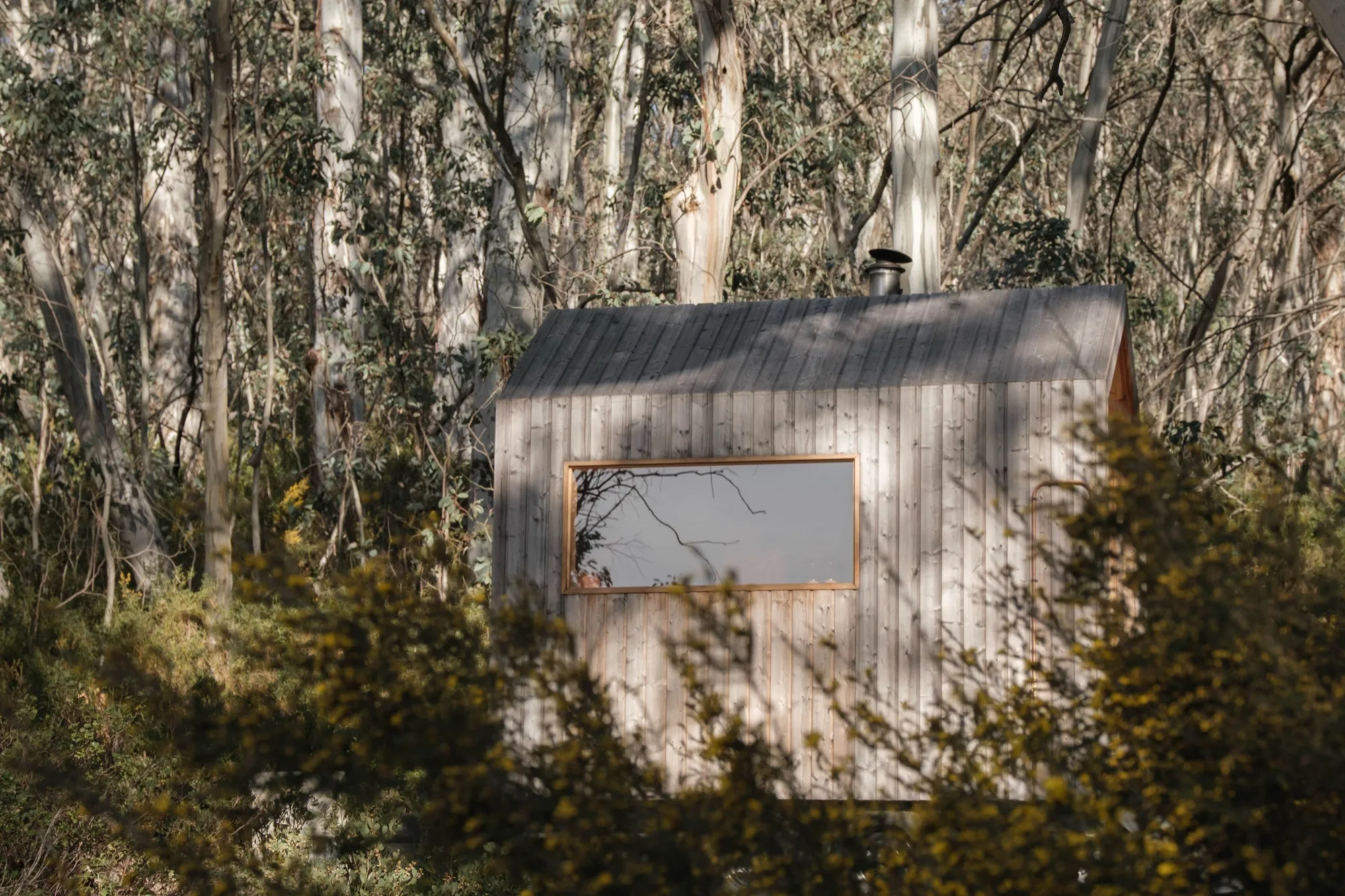 A timber sauna cabin among eucalypt bushland